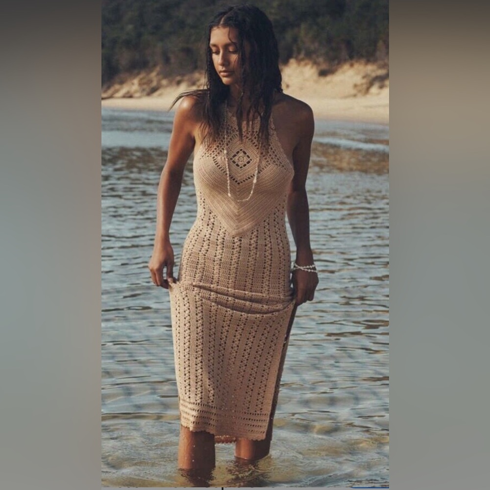 Spell Mirage Crochet Knit Midi Dress in walnut 🌰 XS